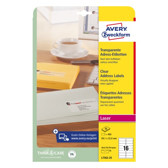 Pakkeillustration: Avery Zweckform transparente forsendelsesetiketter, til laserskrivere, artikel: L7562-25, format: 99,1 x 33,9 mm, printeregnethed: laser s/h, farvelaser, indhold: 400 etiketter / 25 ark, 16 etiketter/ark.