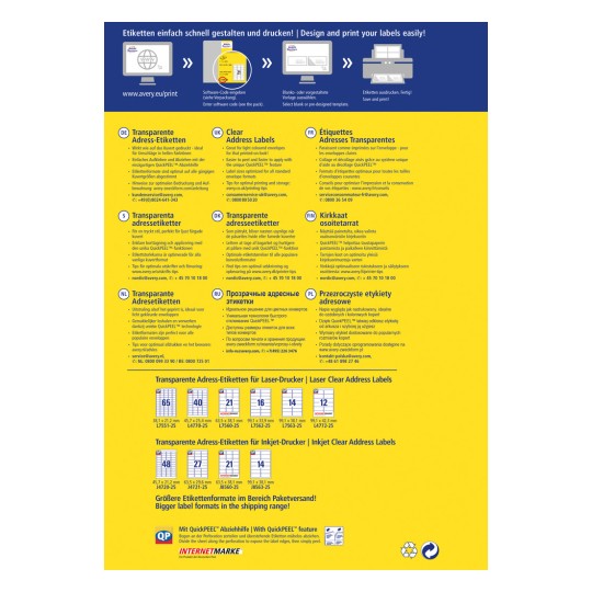Billedet er et reklamedesign, der viser klare adresseetiketprodukter fra Avery. Det indeholder flersprogede instruktioner om design og udskrivning, og der er angivet forskellige etiketformater til forskellige typer printere. Designet lægger vægt på brugervenlighed med funktioner som QuickPEEL.