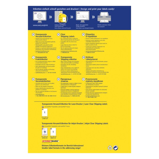 Billedet viser en reklameflyer for Averys gennemsigtige fragtetiketter. Den indeholder instruktioner på flere sprog og fremhæver kompatibilitet med laser- og inkjetprintere. Der er forskellige etiketmuligheder og skabeloner til nemt design og print.