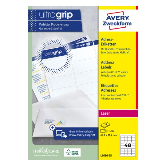 Emballagebillede: Avery Zweckform Hvide adresseetiketter til laserprintere, artikel: L7636-25, format: 45,7 x 21,2 mm, printeregnethed: Laser s/h, farvelaser, indhold: 1.200 etiketter / 25 ark, 48 etiketter/ark