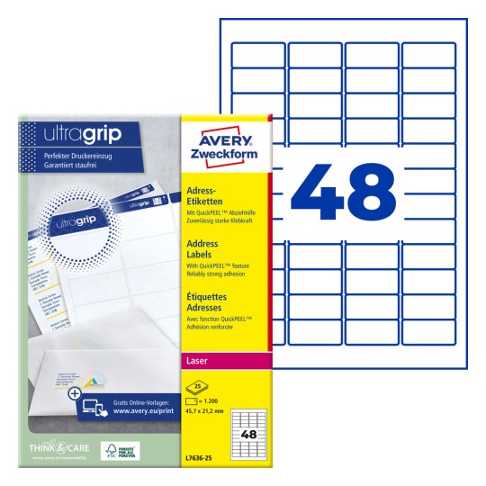 Pakkeillustration med etiketark: Avery Zweckform adresseetiketter, artikel: L7636-25, format: 45,7 x 21,2 mm, egnet til printer: laser sort/hvid, farvelaser, indhold: 1.200 etiketter / 25 ark, 48 etiketter/ark.