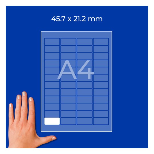 A4-ark diagram med et gitter af rektangulære etiketter og en hånd nederst til venstre?