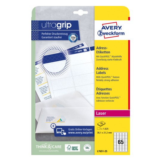 Pakkebillede: Avery Zweckform Hvide Adresseetiketter til Laserprintere, Artikel: L7651-25, Format: 38,1 x 21,2 mm, Printeregnethed: Laser s/h, Farvelaser, Indhold: 1.625 Etiketter / 25 Ark, 65 Etiketter/Ark.