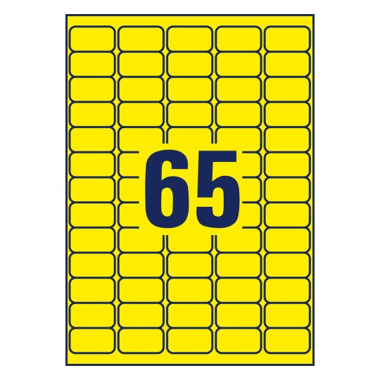 Stansetegning Enkeltark A4, Artikel: L7651Y-25, Etiketter i specialfarver, Format: 38,1 x 21,2 mm, 65 etiketter/ark