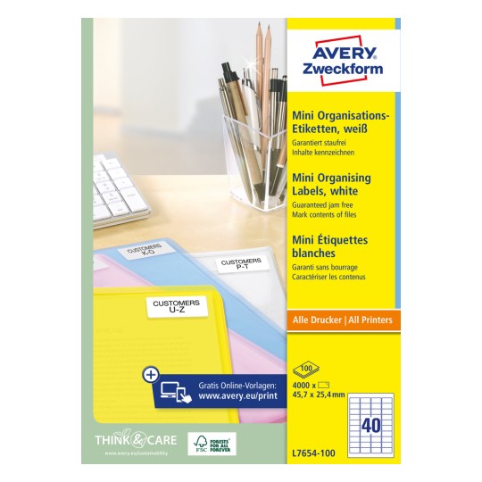 Pakkeillustration: Avery Zweckform Mini Organisations-Etiketter, Artikel: L7654-100, Format: 45,7 x 25,4 mm, Egnet til printere: Inkjet, Laser s/h, Farvelaser, Indhold: 4.000 etiketter / 100 ark, 40 etiketter/ark