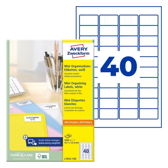 Pakningsbillede med etiketark: Avery Zweckform Mini-Organisations-etiketter, artikel: L7654-100, format: 45,7 x 25,4 mm, printeregnet: Inkjet, laser sort/hvid, farvelaser, indhold: 4.000 etiketter / 100 ark, 40 etiketter/ark.