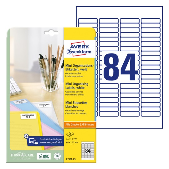 Pakkeillustration med etiketark: Avery Zweckform Mini-organisationsetiketter, Artikel: L7656-25, Format: 46 x 11,1 mm, Udskrivningskompatibilitet: Inkjet, Laser s/h, Farvelaser, Indhold: 2.100 etiketter / 25 ark, 84 etiketter/ark.