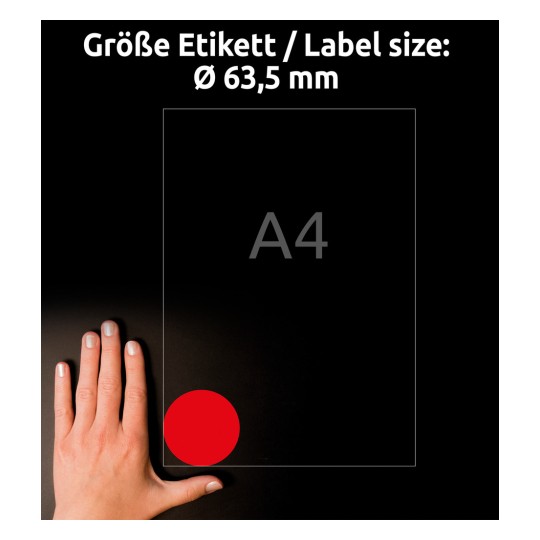 Størrelsessammenligning med hånd, artikel: L7670R-25, et ark etiketter i specialfarver, format: ⌀ 63,5 mm, farve: neonrød?