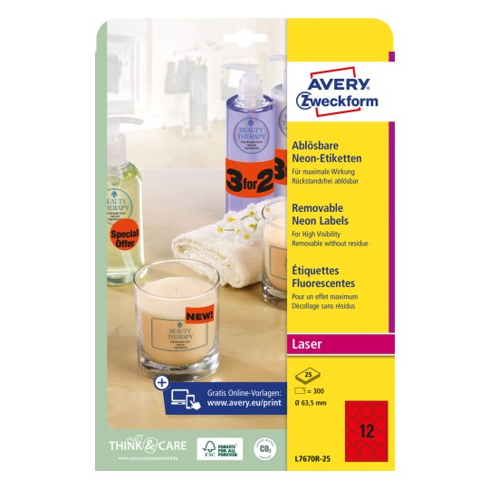 Pakkeillustration: Avery Zweckform Neon-etiketter, Artikel: L7670R-25, Format: ⌀ 63,5 mm, Printeregnethed: Laser s/h, Farvelaser, Indhold: 300 etiketter / 25 ark, 12 etiketter/ark.