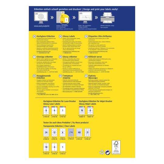 Dette billede er en reklameflyer for Averys blanke etiketter, der viser forskellige etiketter til laser- og inkjetprintere. Den indeholder produktdimensioner, printtips og kundeservicekontaktoplysninger på flere sprog.