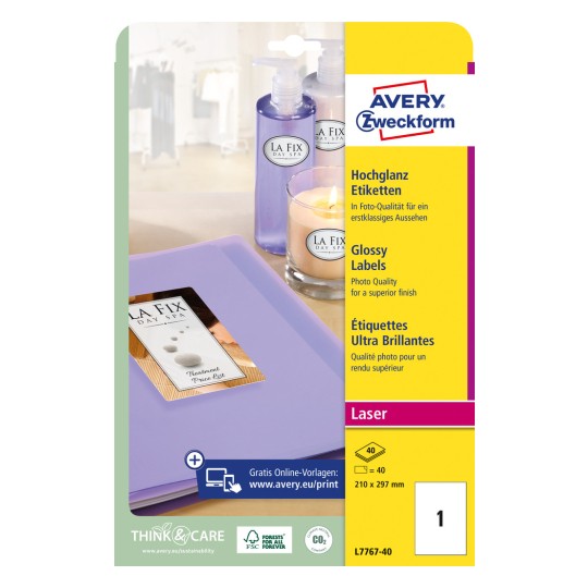 Pakningsbillede: Avery Zweckform højglans-etiketter, Artikel: L7767-40, Format: 210 x 297 mm, Udskriftsfunktion: Laser s/h, Farvelaser, Indhold: 40 etiketter / 40 ark, 1 etiket/ark?