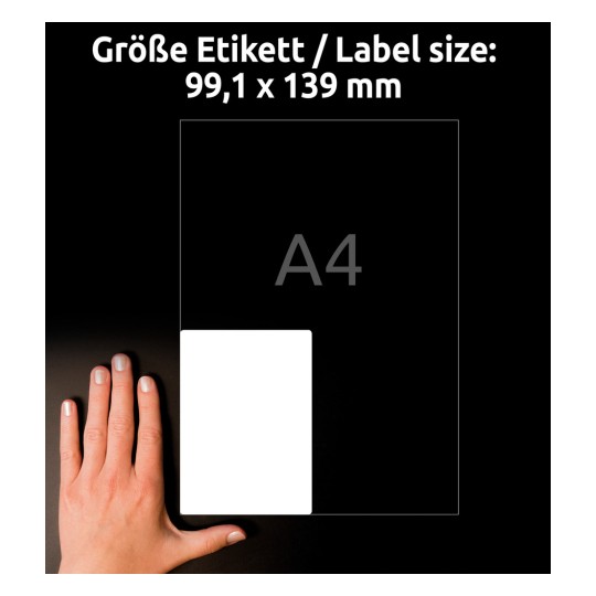 Størrelsessammenligning med hånd, artikel: L7769-40, et ark højglans-etiketter, format: 99,1 x 139 mm, farve: hvid?
