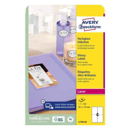Pakningsbillede: Avery Zweckform Højglans-etiketter, Artikel: L7769-40, Format: 99,1 x 139 mm, Printeregnethed: Sort/hvid laser, Farvelaser, Indhold: 160 etiketter / 40 ark, 4 etiketter/ark.