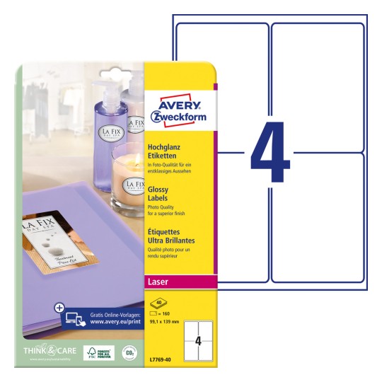 Emballagebillede med etiketark: Avery Zweckform Højglans-etiketter, Artikel: L7769-40, Format: 99,1 x 139 mm, Printeregnet: Laser s/h,Farvelaser, Indhold: 160 etiketter / 40 ark, 4 etiketter/ark?