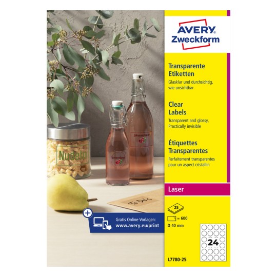 Pakningsafbildning: Avery Zweckform gennemsigtige etiketter, Artikel: L7780-25, Format: ⌀ 40 mm, Printeregnethed: Laser s/h, Farvelaser, Indhold: 600 etiketter / 25 ark, 24 etiketter/ark.