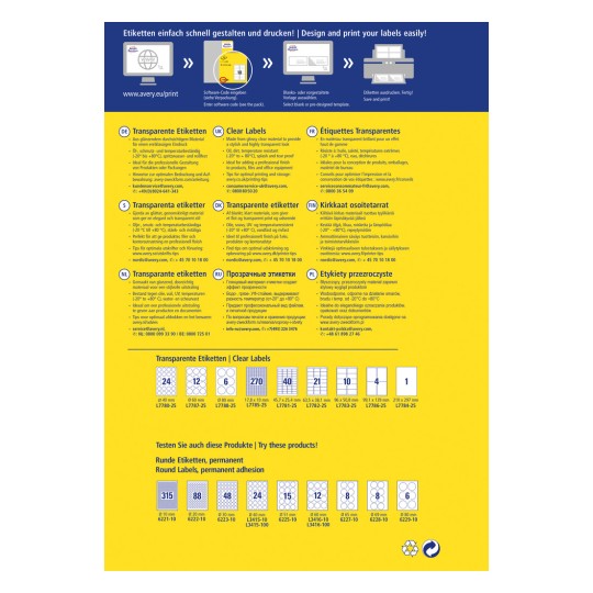 Billedet er en reklame for klare og gennemsigtige etiketter fra Avery, der beskriver produktegenskaber, temperaturmodstand og tips til optimal printning og opbevaring, præsenteret på flere sprog med produkttørrelser vist.