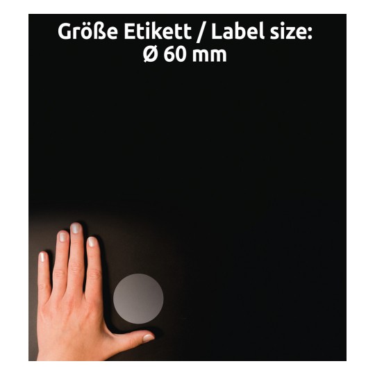 Størrelsesammenligning med hånd, Artikel: L7787-25, et ark gennemsigtige etiketter, format: ⌀ 60 mm, farve: Transparent?