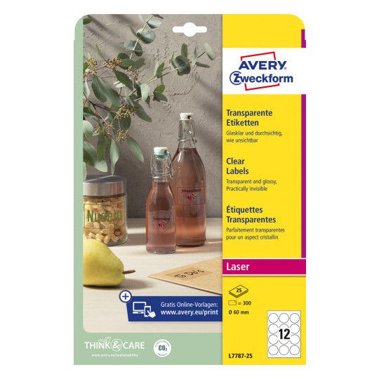Æskeillustration: Avery Zweckform Transparente Etiketter, Artikel: L7787-25, Format: ⌀ 60 mm, Trykegnet til: S/H laser, Farvelaser, Indhold: 300 etiketter / 25 ark, 12 etiketter/ark.