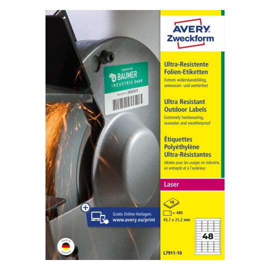Pakningsbillede: Avery Zweckform Ultra Resistente Outdoor Etiketter, Artikel: L7911-10, Format: 45,7 x 21,2 mm, Printeregnethed: Laser sort/hvid, Farvelaser, Indhold: 480 etiketter / 10 ark, 48 etiketter/ark