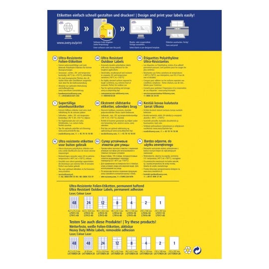 Billedet viser et produktinformationsark for ultra-resistente etiketter, der beskriver deres funktioner, anvendelser og tryktips på flere sprog.