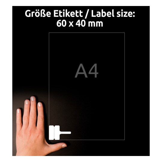 Størrelsessammenligning med hånd, artikel: L7950-20, et ark med etiketter til kabelmærkning, format: 60 x 40 mm, farve: hvid.