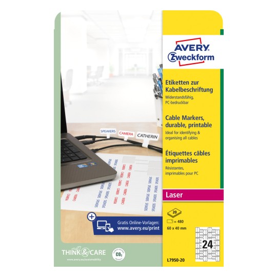Pakningsbillede: Avery Zweckform kabeletiketter, Artikel: L7950-20, Format: 60 x 40 mm, Printeregnethed: Laser s/h, Farvelaser, Indhold: 480 etiketter / 20 ark, 24 etiketter/ark