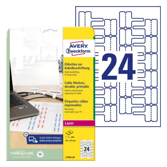 Pakkeillustration med etiketark: Avery Zweckform etiketter til kabelmærkning, artikel: L7950-20, format: 60 x 40 mm, printbarhed: Laser s/h, farvelaser, indhold: 480 etiketter / 20 ark, 24 etiketter/ark.