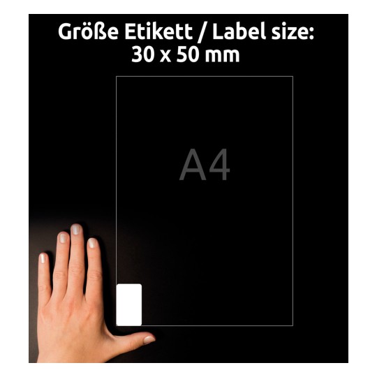 Størrelsessammenligning med hånd, artikel: L7975-25, et ark fryse-etiketter, format: 30 x 50 mm, farve: hvid?