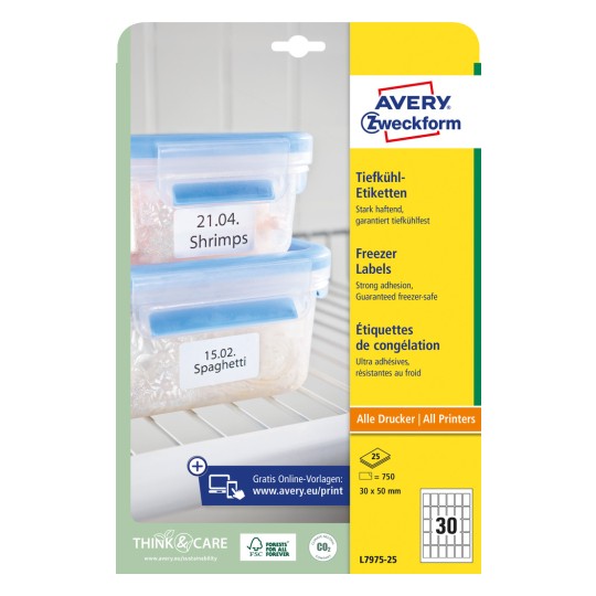 Pakningsbillede: Avery Zweckform fryseetiketter, Artikel: L7975-25, Format: 30 x 50 mm, Udskriftskapacitet: Inkjet, Laser s/h, Farvelaser, Indhold: 750 etiketter / 25 ark, 30 etiketter/ark.