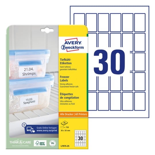 Pakningsbillede med etiketterark: Avery Zweckform fryseetiketter, artikel: L7975-25, format: 30 x 50 mm, udskrivning: Inkjet, Laser s/h, farvelaser, indhold: 750 etiketter / 25 ark, 30 etiketter/ark