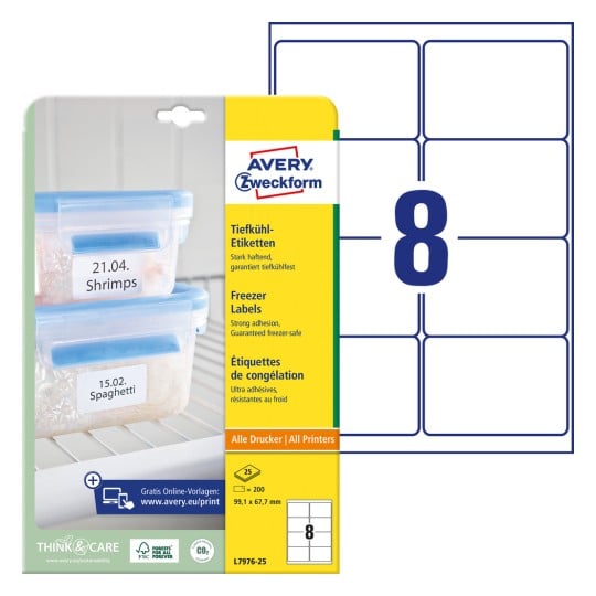 Pakningsbillede med etiketark: Avery Zweckform fryseetiketter, artikel: L7976-25, format: 99,1 x 67,7 mm, printeregnet: Inkjet, laser sort/hvid, farvelaser, indhold: 200 etiketter / 25 ark, 8 etiketter/ark.