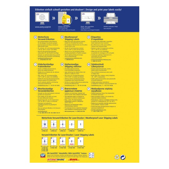 Billedet er en flersproget annonce for vejrsikre forsendelsesetiketter designet til laserprintere. Det indeholder produktspecifikationer og funktioner, såsom materialeinformation og udskriftsanbefalinger, på flere sprog, herunder tysk, engelsk og andre.