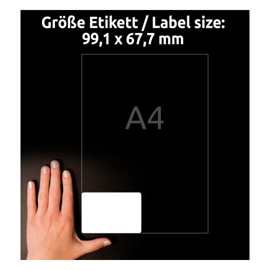 Størrelsessammenligning med hånd, artikel: L7993-25, et ark forsendelsesetiketter, format: 99,1 x 67,7 mm, farve: hvid?