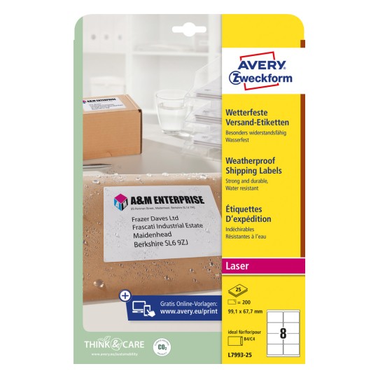 Pakningsbillede: Avery Zweckform Vejrbestandige forsendelsesetiketter, Artikel: L7993-25, Format: 99,1 x 67,7 mm, Printkompatibilitet: Laser s/h, Farvelaser, Indhold: 200 etiketter / 25 ark, 8 etiketter/ark.