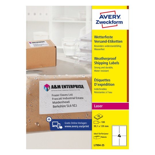 Pakningsbillede: Avery Zweckform Vejrbestandige Forsendelsesetiketter, Artikel: L7994-25, Format: 99,1 x 139 mm, Printeregnet: Laser s/h, Farvelaser, Indhold: 100 etiketter / 25 ark, 4 etiketter/ark