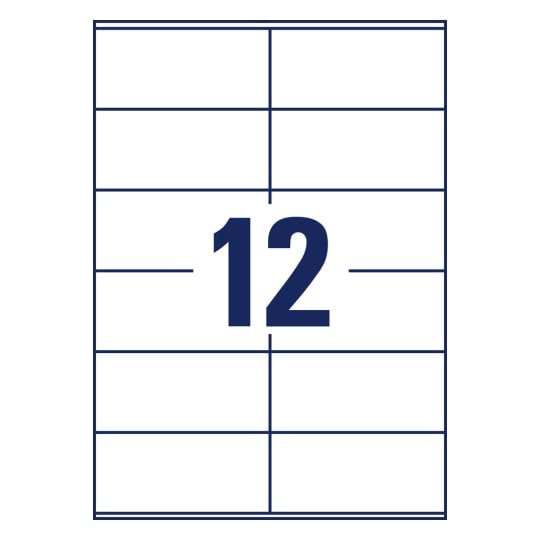 Stansetegning enkeltark A4, Artikel: LR3424, Genbrugs universaletiketter, Format: 105 x 48 mm, 12 etiketter/ark.