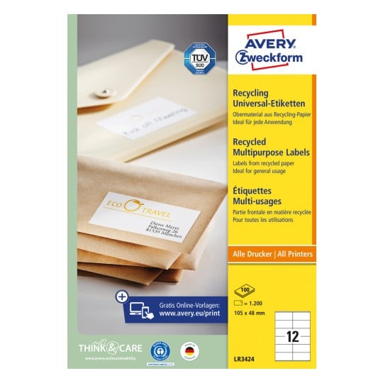 Pakningsbillede: Avery Zweckform genbrug universal-etiketter, Artikel: LR3424, Format: 105 x 48 mm, printeregnet: Inkjet, Laser s/h, Farvelaser, Indhold: 1200 etiketter / 100 ark, 12 etiketter/ark.