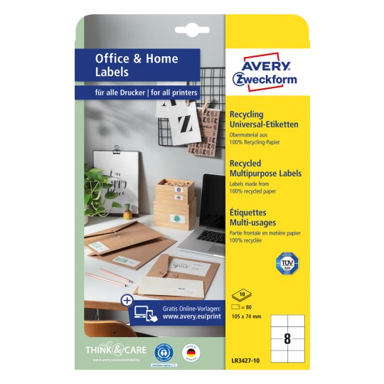 Pakkebillede: Avery Zweckform genbrug universaletiketter, Artikel: LR3427-10, Format: 105 x 74 mm, Printkompatibilitet: Inkjet, Laser s/h, Farvelaser, Indhold: 80 etiketter / 10 ark, 8 etiketter/ark
