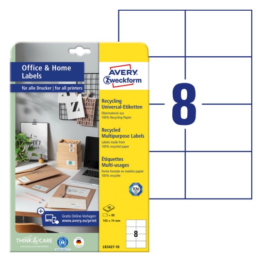 Pakkeillustration med etiketark: Avery Zweckform Recycling Universaletiketter, Artikel: LR3427-10, Format: 105 x 74 mm, Printerkompatibilitet: Inkjet, Laser s/h, Farvelaser, Indhold: 80 etiketter / 10 ark, 8 etiketter/ark.