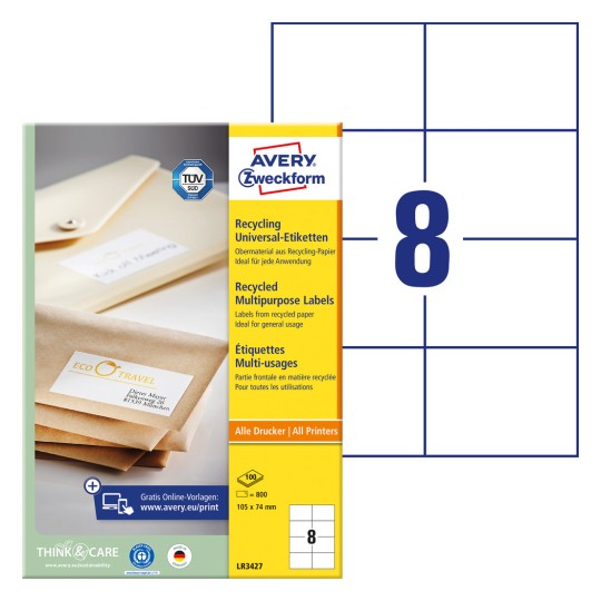 Pakkebillede med etiketark: Avery Zweckform Genbrugs Universal-Etiketter, Artikel: LR3427, Format: 105 x 74 mm, Print: Inkjet, Laser s/h, Farvelaser, Indhold: 800 etiketter / 100 ark, 8 etiketter/ark.