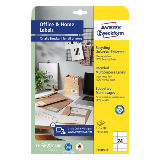 Pakningsbillede: Avery Zweckform Recycling Universal-Etiketter, Artikel: LR3475-10, Format: 70 x 36 mm, Printeregnethed: Inkjet, Laser s/h, Farvelaser, Indhold: 240 etiketter / 10 ark, 24 etiketter/ark?