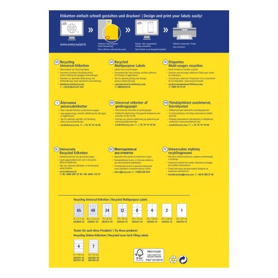 Billedet er en informationsbrochure om genbrugte multifunktionsetiketter fra Avery, der indeholder flersproget tekst om etiketudskriftsinstruktioner, produktbeskrivelser og dimensioner.