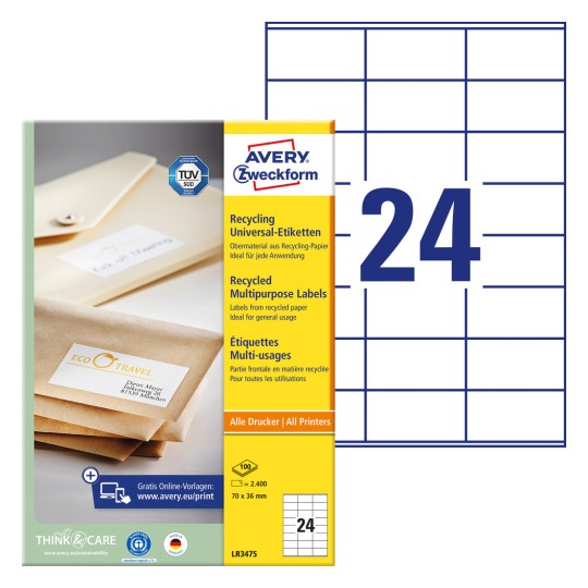 Forpakningsbillede med etiketark: Avery Zweckform genbrugs-universaletiketter, artikel: LR3475, format: 70 x 36 mm, printeregnet: Inkjet, laser s/h, farvelaser, indhold: 2.400 etiketter / 100 ark, 24 etiketter/ark.
