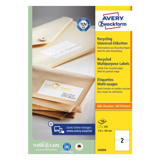 Pakkeillustration: Avery Zweckform genanvendelses universaletiketter, Artikel: LR3655, Format: 210 x 148 mm, printeregnethed: Inkjet, laser s/h, farvelaser, indhold: 200 etiketter / 100 ark, 2 etiketter/ark.