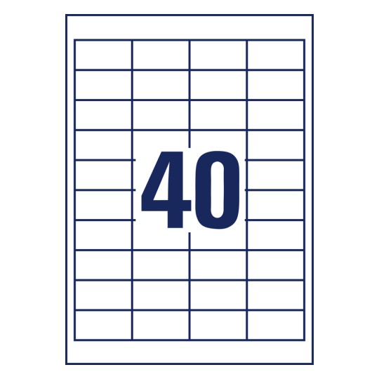 Stansetegning enkeltark A4, Artikel: LR3657-10, genbrug universal-etiketter, format: 48,5 x 25,4 mm, 40 etiketter/ark.