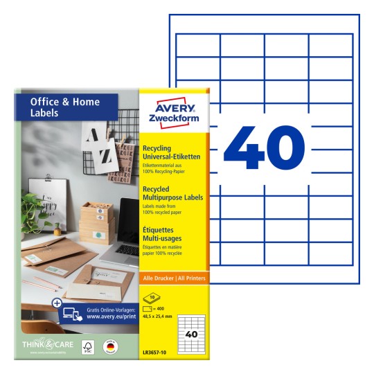 Pakke med etiketterark: Avery Zweckform genbrug universal-etiketter, Artikel: LR3657-10, Format: 48,5 x 25,4 mm, Printeregnethed: Inkjet, Laser s/h, Farvelaser, Indhold: 400 etiketter / 10 ark, 40 etiketter/ark.