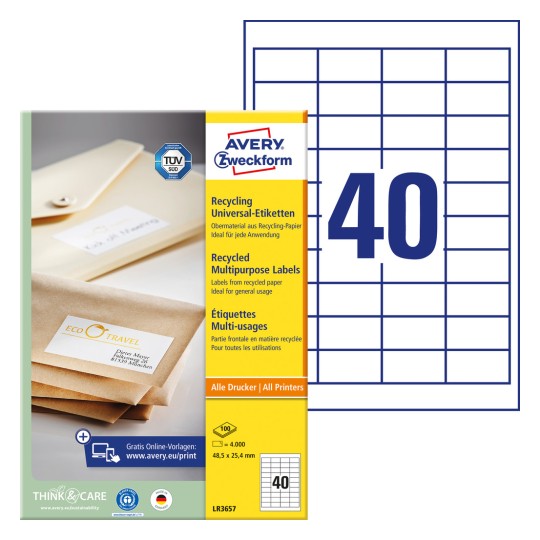 Pakningsbillede med etiketark: Avery Zweckform genbrug-universaletiketter, Artikel: LR3657, Format: 48,5 x 25,4 mm, Print-egnethed: Inkjet, laser sort/hvid, farvelaser, Indhold: 4.000 etiketter / 100 ark, 40 etiketter/ark.