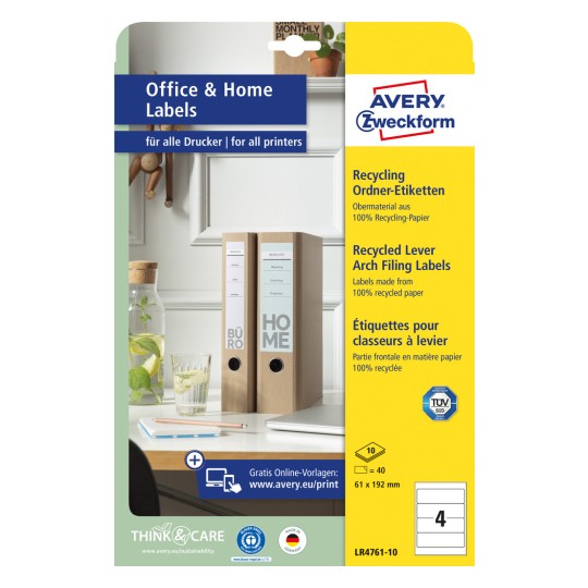 Pakningsbillede: Avery Zweckform genbrug ringbindsetiketter, Artikel: LR4761-10, Format: 61 x 192 mm, Printeregnet: Inkjet, Laser sort/hvid, Farvelaser, Indhold: 40 etiketter / 10 ark, 4 etiketter/ark.