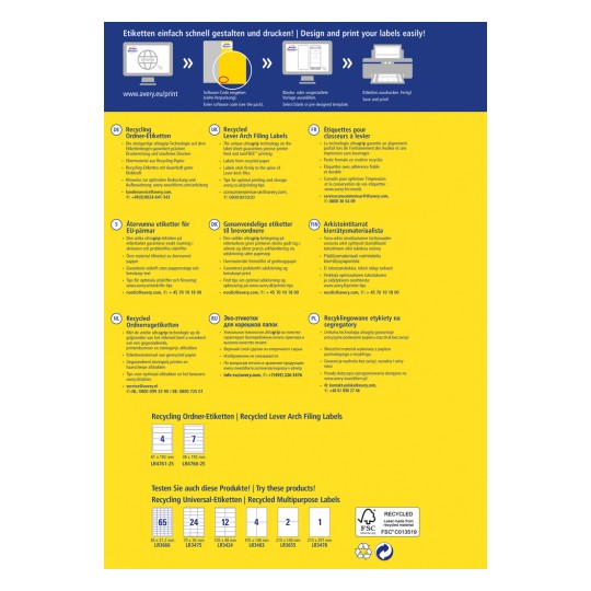 Dette billede fremviser forskellige etiketter til design og print, der fremhæver genanvendelsesmuligheder og specifikationer på forskellige sprog.