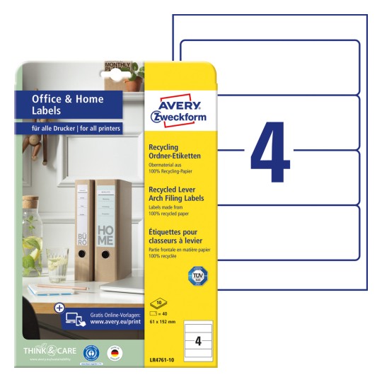 Pakkeillustration med etiketark: Avery Zweckform genanvendelige mappetiketter, Home Office, lille pakke, artikel: LR4761-10, format: 61 x 192 mm, printbarhed: Inkjet, s/h-laser, farvelaser, indhold: 40 etiketter / 10 ark, 4 etiketter/ark.